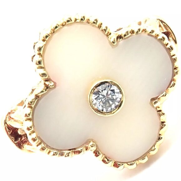 Van Cleef & Arpels Vintage Alhambra 18k Yellow Gold Diamond White Coral Ring - Picture 1 of 9